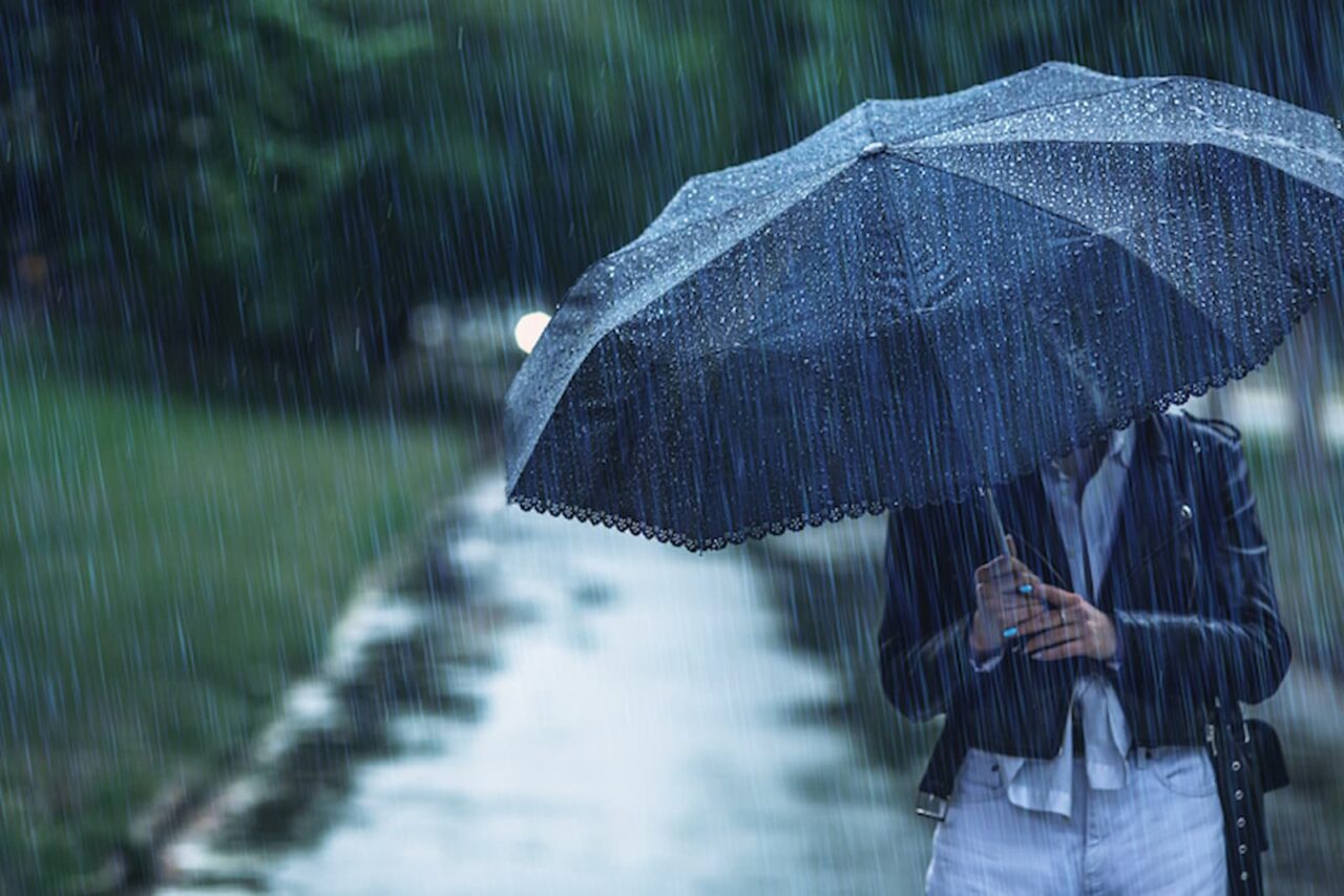 Person walks down a Rainy Driveway